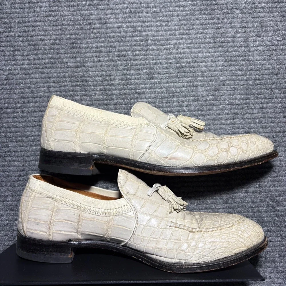 Vintage Ruben Morris Alligator Tassel Loafers Mens 9.5 D White Exotic Skin Shoes